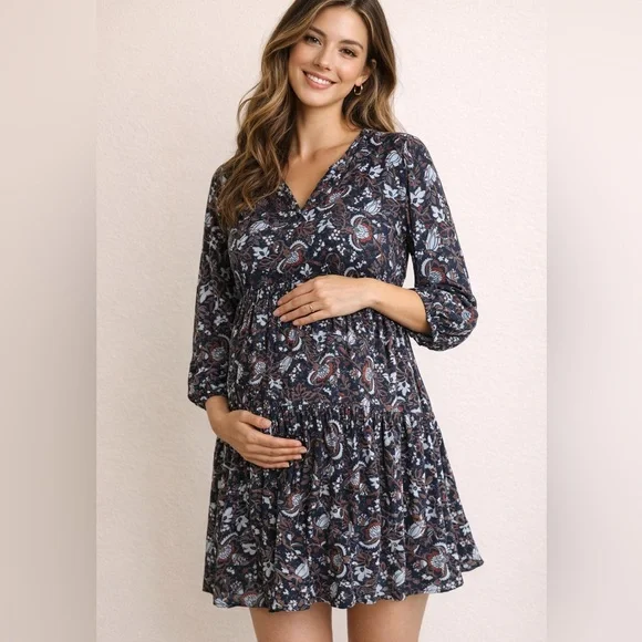 A Pea in the Pod Maternity Navy Floral Tiered Babydoll Mini Dress Medium - Picture 1 of 8